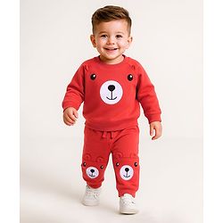 Babyhug Terry Knit Full Sleeves T-Shirt & Joggers  Set with Animal Applique - Red