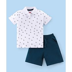 Babyhug Single Jersey Knit Half Sleeves Polo T-Shirt and Shorts Set with Winter Theme Text Print - White & Navy Blue