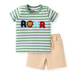 Babyhug Single Jersey Knit Half Sleeves Striped T-Shirt & Shorts Set with Roar Applique - Green & Beige
