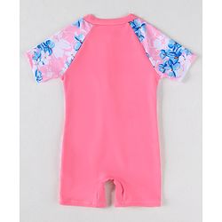 Babyhug Half Raglan Sleeves  Legged Swimsuit with Floral Print - Pink
