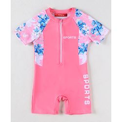 Babyhug Half Raglan Sleeves  Legged Swimsuit with Floral Print - Pink
