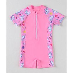 Babyhug Half Raglan Sleeves Legged Swimsuit With Unicorn Print - Pink