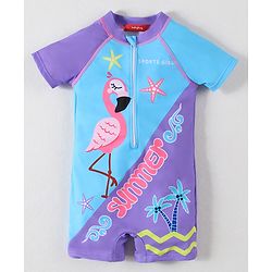 Babyhug Half Raglan Sleeves Legged Swimsuit with Swan Print - Blue