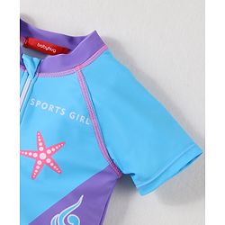 Babyhug Half Raglan Sleeves Legged Swimsuit with Swan Print - Blue