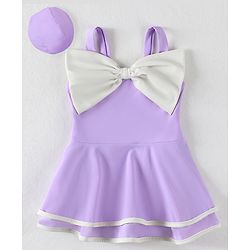 Babyhug Sleeveless Frock Swimsuit With Bow Applique & Swimming Cap - Purple
