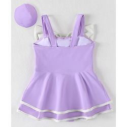 Babyhug Sleeveless Frock Swimsuit With Bow Applique & Swimming Cap - Purple