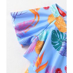 Babyhug Half Flutter Raglan Sleeves Frock Swimsuit with Floral Print - Light Blue