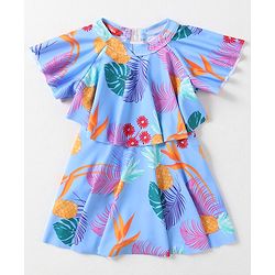 Babyhug Half Flutter Raglan Sleeves Frock Swimsuit with Floral Print - Light Blue
