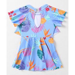 Babyhug Half Flutter Raglan Sleeves Frock Swimsuit with Floral Print - Light Blue