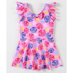 Babyhug Frill Sleeves Frock Swimsuit With Sea Shells Print & Bow Applique - Pink