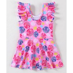 Babyhug Frill Sleeves Frock Swimsuit With Sea Shells Print & Bow Applique - Pink