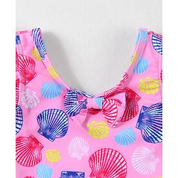 Babyhug Frill Sleeves Frock Swimsuit With Sea Shells Print & Bow Applique - Pink
