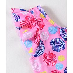 Babyhug Frill Sleeves Frock Swimsuit With Sea Shells Print & Bow Applique - Pink