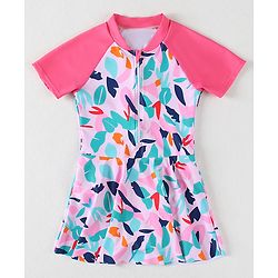 Babyhug Half Raglan Sleeves Frock Swimsuit With Leaf Print - Fuchsia