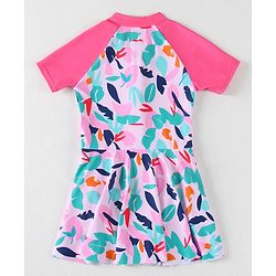 Babyhug Half Raglan Sleeves Frock Swimsuit With Leaf Print - Fuchsia