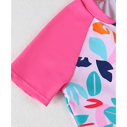 Babyhug Half Raglan Sleeves Frock Swimsuit With Leaf Print - Fuchsia