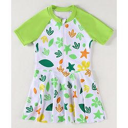 Babyhug Half Raglan Sleeves Frock Swimsuit With Floral & Leaf Print - Green & White