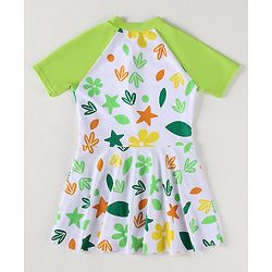 Babyhug Half Raglan Sleeves Frock Swimsuit With Floral & Leaf Print - Green & White