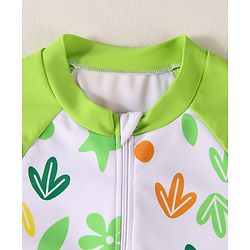 Babyhug Half Raglan Sleeves Frock Swimsuit With Floral & Leaf Print - Green & White