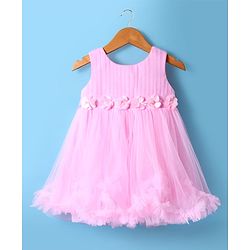 Babyhug Woven Sleeveless Fit & Flare Party Mesh Dress with Fills on Hem & Floral Applique - Pink