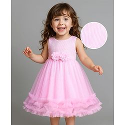 Babyhug Woven Sleeveless Party Dress With Frills On Hem & Floral Applique - Pink