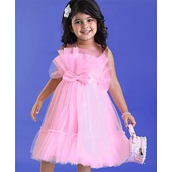Babyhug Woven Sleeveless Party Mesh Dress With Frills & Bow Applique - Pink