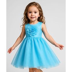 Babyhug Woven Sleeveless Party Dress With Floral Corsage - Light Blue