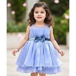 Babyhug Woven Sleeveless Fit & Flare Party Dress with Bow Applique & Sequins Detailing - Light Blue