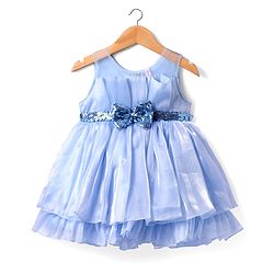 Babyhug Woven Sleeveless Fit & Flare Party Dress with Bow Applique & Sequins Detailing - Light Blue