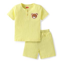 Babyhug Single Jersey Knit Half Sleeves T-Shirt & Shorts Set With Teddy Bear Patch - Yellow