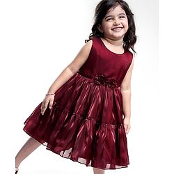 Babyhug Woven Sleeveless Party Dress With Floral Applique - Maroon