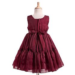 Babyhug Woven Sleeveless Party Dress With Floral Applique - Maroon
