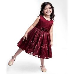 Babyhug Woven Sleeveless Party Dress With Floral Applique - Maroon