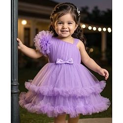 Babyhug Woven Sleeveless Fit & Flared Solid Mesh Party Dress with Bow Applique & Ruffles - Lavender