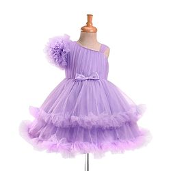 Babyhug Woven Sleeveless Fit & Flared Solid Mesh Party Dress with Bow Applique & Ruffles - Lavender