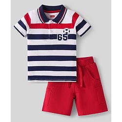 Babyhug Single Jersey Knit Half Sleeves Striped Polo T-Shirt & Shorts Set With Football Patch - Multicolor & Red