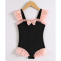 Babyhug Sleeveless V Cut Swimsuit with Frill & Bow Detailing - Black