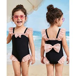 Babyhug Sleeveless V Cut Swimsuit with Frill & Bow Detailing - Black