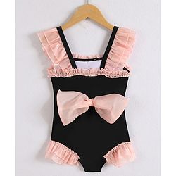 Babyhug Sleeveless V Cut Swimsuit with Frill & Bow Detailing - Black