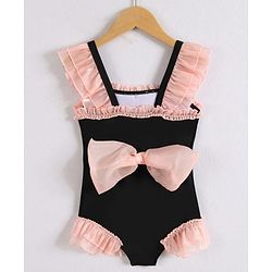 Babyhug Sleeveless V Cut Swimsuit with Frill & Bow Detailing - Black