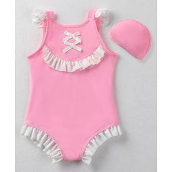 Babyhug Sleeveless  V Cut Swimsuit with Frill Detailing & Cap - Pink