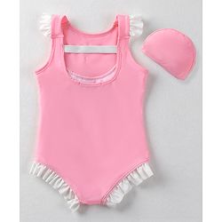 Babyhug Sleeveless  V Cut Swimsuit with Frill Detailing & Cap - Pink