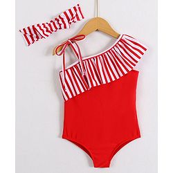 Babyhug Sleeveless V Cut Striped Swimsuit with Headband - Red