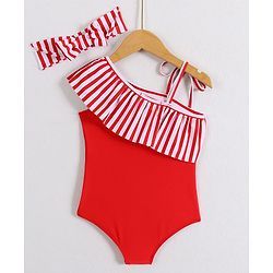 Babyhug Sleeveless V Cut Striped Swimsuit with Headband - Red