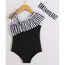Babyhug Sleeveless V Cut Striped Swimsuit with Headband - Black
