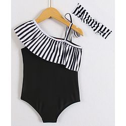 Babyhug Sleeveless V Cut Striped Swimsuit with Headband - Black