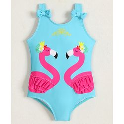 Babyhug Sleeveless V Cut Swimsuit Flamingo Print and Bow Detailing - Blue
