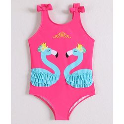 Babyhug Sleeveless V Cut Swimsuit Flamingo Print and Bow Detailing - Fuschia