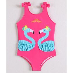 Babyhug Sleeveless V Cut Swimsuit Flamingo Print and Bow Detailing - Fuschia