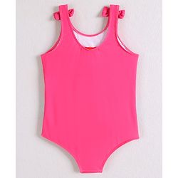 Babyhug Sleeveless V Cut Swimsuit Flamingo Print and Bow Detailing - Fuschia